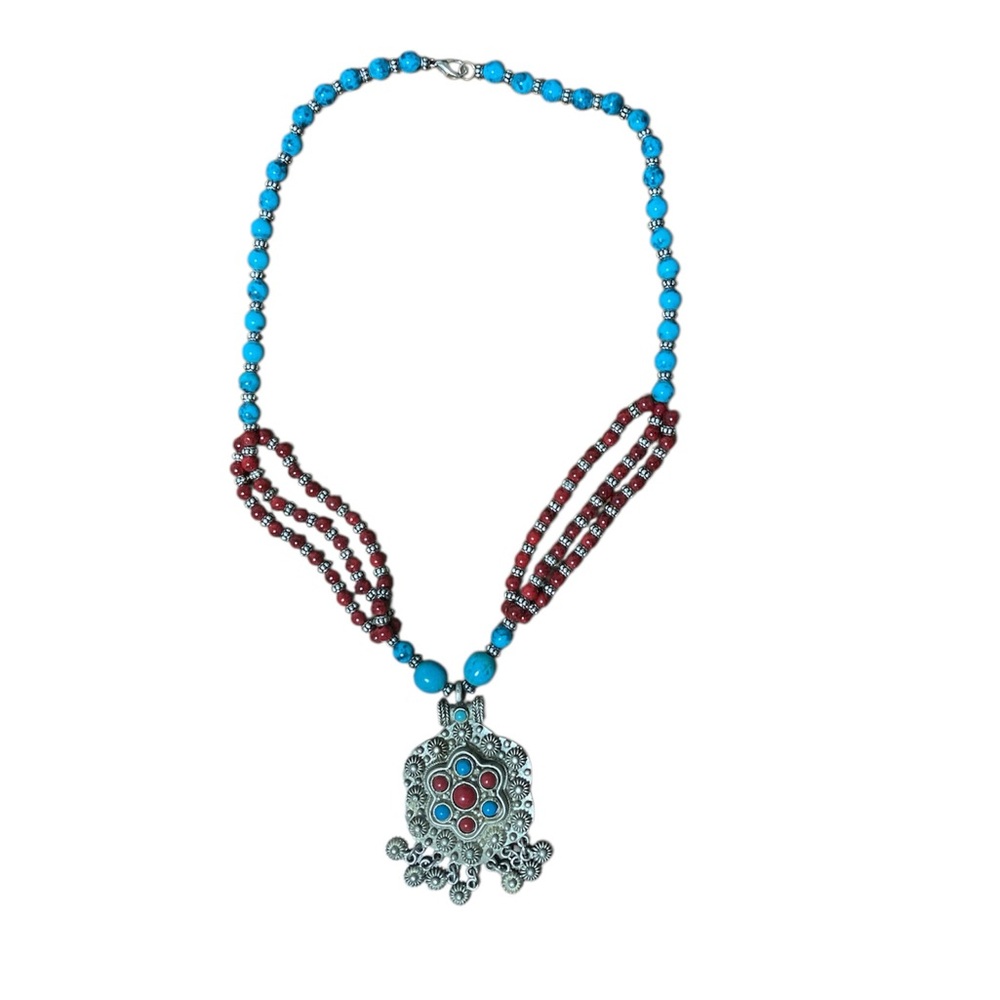 Turquoise and Red Beaded Necklace, Nepalese or Tibetan style costume jewelry.